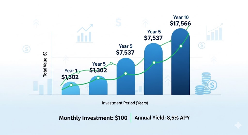 Invest $100 a month over 10 years
