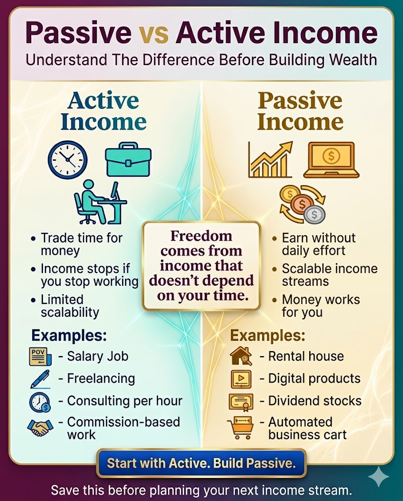 In the pursuit of financial security, many individuals focus solely on increasing their paycheck. While a higher salary is beneficial, it often only increases the rate at which you trade your time for money. Understanding the profound difference between active and passive income is not merely a theoretical exercise; it is the cornerstone of building lasting wealth and unlocking true financial freedom in [Your City/Region]. As the central visual for this discussion, the "Active vs Passive Income" infographic (seen below) succinctly summarizes these critical distinctions and is an essential tool for your wealth-building journey. The Reality of Active Income in [Your City/Region] To accurately chart a course toward financial independence, you must first recognize the structure of your primary earnings. Active income is, by definition, income that is earned through direct and continuous effort. Let’s dissect the three core pillars of active income: 1. You Trade Time for Money This is the single most defining characteristic. In almost every active income scenario, there is a direct correlation between the number of hours you work and the amount of money you receive. In [Your City/Region], whether you are a salaried accountant in a downtown office, a consultant billing by the hour, or a freelancer working on projects from a local coffee shop, your income is inextricably linked to the clock. Once you finish that hour, you get paid for that hour. This fundamental mechanism means you are a worker-bee; your labor is the product. 2. Income Stops if You Stop Working The vulnerability of active income is immediate and profound. If you cannot or choose not to work, the income stream is instantly severed. This vulnerability is especially critical for residents of [Your City/Region] to understand, where unforeseen local market shifts, health issues, or family emergencies can make regular employment impossible. A vacation isn't truly time off; it's often unpaid leave. A "salary job" might offer some stability, but it is ultimately dependent on the company's health, and you could be let go at any time. 3. Limited Scalability Your earning potential with active income is inherently capped. Because you only have 24 hours in a day and a finite amount of physical and mental energy, there is a natural ceiling to how much you can physically earn. You cannot scale your "hourly consulting" by 1000% without scaling your time 1000%—which is impossible. In [Your City/Region]'s competitive market, while you can negotiate a slightly higher salary or increase your consulting rate, these are linear increases, not exponential growth. Local Examples of Active Income: The examples provided in the graphic are illustrative of the dominant forms of employment in [Your City/Region]: Salary Job: Whether it's in corporate finance, healthcare management, or tech development at [mention a local prominent company name, e.g., Regional Tech Corp or St. Jude's Hospital], you are exchanging a set schedule of hours for a guaranteed, yet capped, payment. Freelancing: From graphic design for local startups to software development for regional firms, freelancers only get paid when they are actively completing specific projects. Consulting per Hour: Business consultants, financial advisors charging by the hour, and legal professionals all fit this definition. The consulting practice is essentially a job you’ve created for yourself. Commission-Based Work: Real estate agents selling homes in the [mention specific local neighborhoods, e.g., Oakwood Park or Downtown Lofts] market or sales representatives work long hours, and their income only materializes after they successfully close a deal. While active income is essential for meeting current financial obligations and building initial capital, relying solely on it is a long-term risk. To achieve financial security, you must convert your limited time into scalable income streams that are separate from your daily labor. Passive Income: The Catalyst for True Freedom If active income is trading time for money, then passive income is having your money work for you. True freedom, as the graphic powerfully states, 'comes from income that doesn't depend on your time.' Understanding this shifts the goal from "working harder" to "investing smarter." Let’s analyze the key advantages of building passive income sources in [Your City/Region]: 1. Earn Without Daily Effort "Passive" doesn't mean "zero" effort. Most passive income streams require significant upfront time, research, and often substantial capital to establish. However, once established, the ongoing maintenance and daily effort required are minimal. A rental property needs to be managed, but not for eight hours a day. An online business needs updates, but the system is designed to generate sales 24/7, whether you are in a meeting, at a local park, or sleeping. 2. Scalable Income Streams This is the most potent wealth-building lever. Unlike active income, where 1 hour = 1 unit of pay, passive income streams can be scaled with exponential results without an equivalent increase in personal time. You can buy a second rental property, write a second e-book, or automate another part of your online business with manageable marginal effort. This inherent scalability is what allows individuals in [Your City/Region] to break through the active income ceiling. 3. Money Works for You In an active income model, your body and mind are the assets generating the income. In a passive income model, your established assets—whether they are real estate, digital products, investment capital, or a pre-built automated business—are the assets generating the wealth. Your money is out in the market, working day and night, growing your net worth while you focus your time on other activities, including establishing even more income streams. Local Opportunities for Passive Income in [Your City/Region]: Residents of [Your City/Region] have unique local opportunities to apply these principles. Consider the examples from the graphic in our local context: Rental Income: Acquiring residential properties in high-demand areas, perhaps near [mention a local university, e.g., State University] or the [local business district], allows you to earn consistent, monthly rent while building equity. This is a powerful, long-term passive stream. Digital Products: Leveraging your unique expertise (the same expertise that powers your active income as a local consultant) you can create downloadable e-books or online courses about [topic related to local industry, e.g., navigating local zoning laws for developers or specialized gardening for this region]. This leverages your expertise to generate automated, global sales. Dividend Stocks: By investing in diversified dividend-paying stocks, perhaps including companies with strong local presence, you generate a recurring income stream without ever managing a property or building a product. Reinvesting these dividends accelerates wealth accumulation. Automated Online Business: From dropshipping unique local crafts to a well-structured affiliate marketing blog that caters to [mention a niche local interest, e.g., local hiking trails guide], automated businesses use pre-built systems to make sales with minimal ongoing daily oversight. The Crucial Path: Start with Active. Build Passive. The advice at the bottom of the graphic is vital: "Start with Active. Build Passive." This is not an either/or scenario; it’s a phased strategy. Active income provides the engine, and passive income is the destination. Phase 1: Maximize and Save. Use your primary career in [Your City/Region] to earn the highest active income possible while aggressively controlling expenses. This surplus cash is your future investing capital. Phase 2: Invest Wisely. Take that saved capital and begin investing it specifically into vehicles that generate passive income. This could be a down payment on a local duplex, an initial investment in a well-researched dividend stock portfolio, or funding the development and launch of your first digital product. Phase 3: Reinvest and Grow. As your first passive income streams begin to pay out, do not consume that income. Reinvest it back into additional passive sources, starting a compound effect that will eventually replace your active income requirements. Conclusion: Your Roadmap to Financial Freedom in [Your City/Region] Understanding the distinct roles of active and passive income is not just financial literacy; it is empowerment. It provides a strategic roadmap for individuals in [Your City/Region] to break the limitation of the traditional 9-to-5, trade-time-for-money trap. It shifts the paradigm from "how can I work more hours?" to "how can I best position my capital and skills to create automated, scalable wealth?". By identifying local investment opportunities, maximizing current savings, and making informed decisions, anyone can begin the crucial journey to true financial freedom and lasting prosperity. Save the infographic provided and let it serve as a constant reminder of the wealth-building philosophy that will define your future security.