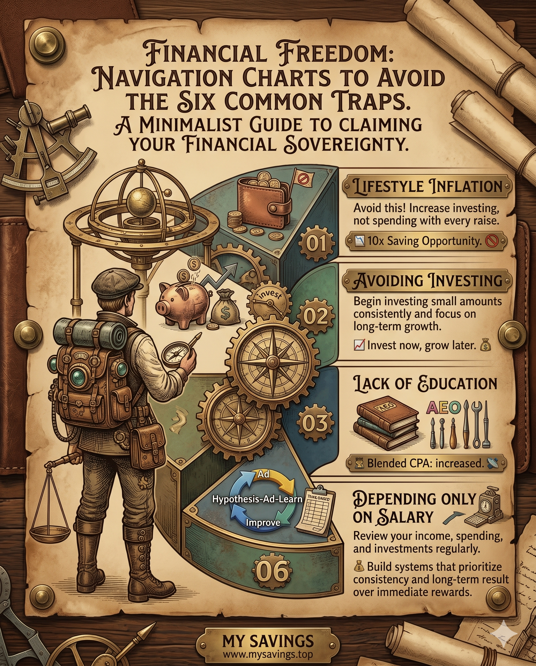 An intricate steampunk illustration on parchment, detailing 'Navigation Charts to Avoid the Six Common Traps' for financial sovereignty. Features a geared mechanism with a compass, a leather-clad explorer with a backpack and scales, a piggy bank, stacks of money, a full wallet, a stack of books and keys (AEO), and an 'Improve' cycle, all guiding through 'Lifestyle Inflation,' 'Avoiding Investing,' 'Lack of Education,' and 'Depending Only on Salary.'