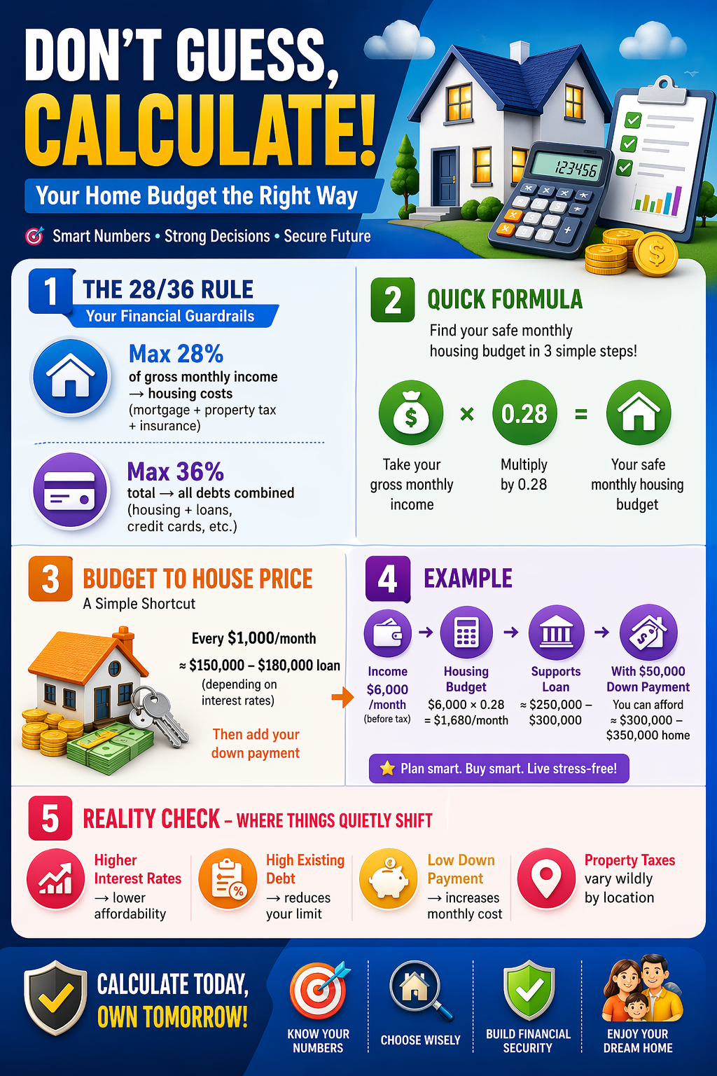 The 28/36 rule for home budgeting, showing how to calculate housing affordability using income, estimate loan size, and convert monthly budget into house price, including an example and key factors like interest rates and debt impact.