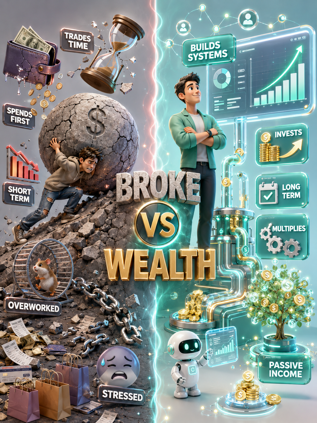 A premium 3D finance infographic compares the broke mindset and wealth mindset in a vertical split-screen design. The left side shows a stressed character pushing a cracked money boulder uphill beside broken chains, shopping bags, leaking wallets, and declining financial symbols. The right side features a confident entrepreneur surrounded by glowing investment dashboards, passive income systems, money pipelines, rising charts, and a futuristic AI assistant using pastel mint, cyan, gold, and cream tones.