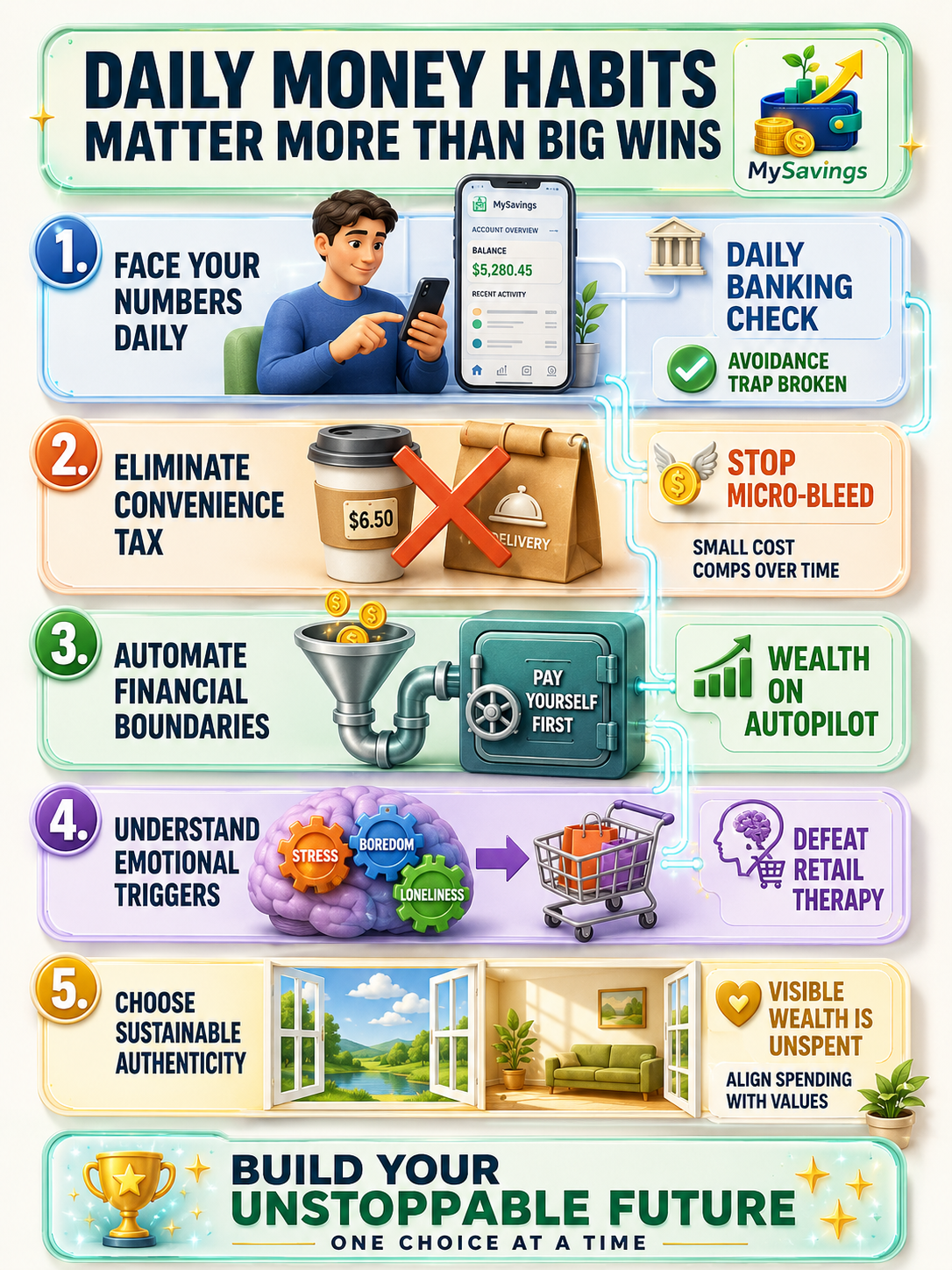 A modern 3D finance infographic poster featuring the MySavings logo and colorful step-by-step money habit strategies in a vertical layout. The design uses soft mint green, blue, gold, and lavender tones with glowing connections and large visual icons. Sections highlight daily banking checks, reducing convenience spending, automating savings, understanding emotional shopping triggers, and sustainable lifestyle choices. The infographic promotes smart financial habits and long-term wealth growth.