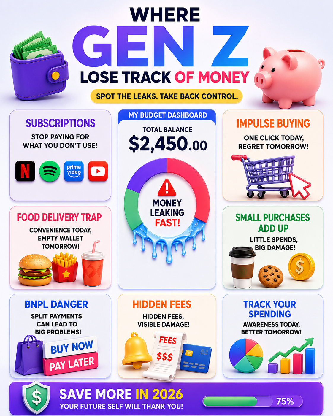 Gen Z spending traps including subscriptions, impulse shopping, food delivery, BNPL, and hidden fees with colorful budgeting dashboard, glowing analytics, savings tracker, and modern fintech
