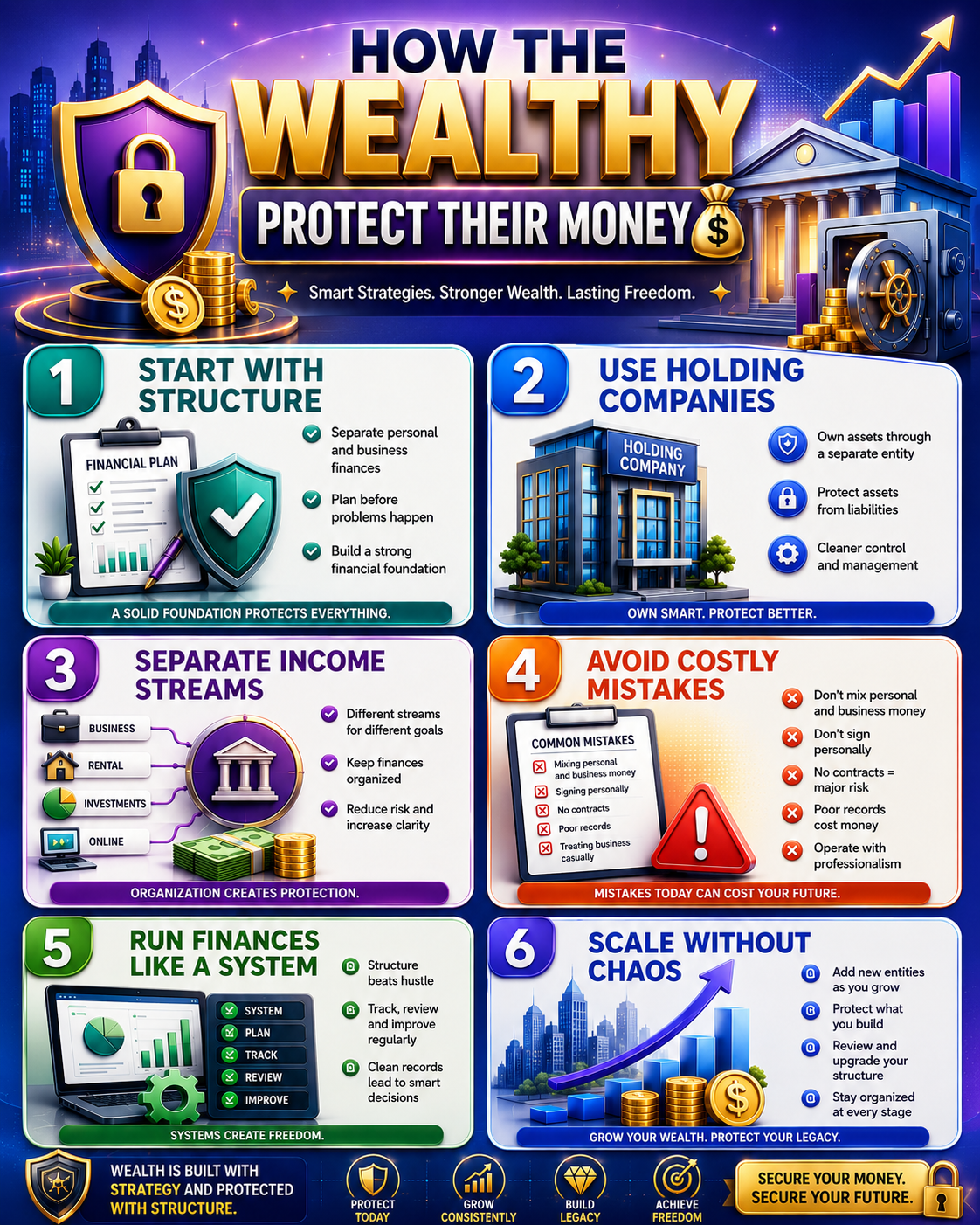 How wealthy people protect their money using holding companies, asset protection, income separation, financial systems, and structured wealth management