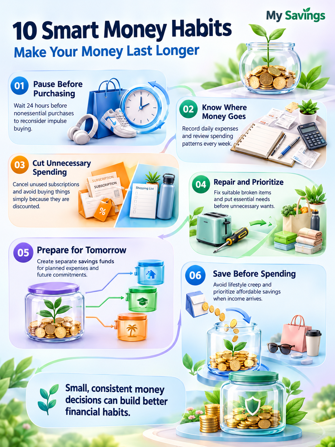 Una colorida infografía 3D de My Savings titulada “10 Hábitos Inteligentes de Dinero: Haz que tu Dinero Dure Más” presenta seis hábitos prácticos de gestión de dinero. Ilustra pausar 24 horas antes de las compras, hacer un seguimiento de los gastos, reducir los gastos innecesarios, reparar artículos, priorizar lo esencial, crear fondos de ahorro separados y ahorrar antes de gastar. Paneles azules, verdes, naranjas y morados conectan las decisiones financieras diarias con frascos de ahorro transparentes llenos de monedas.