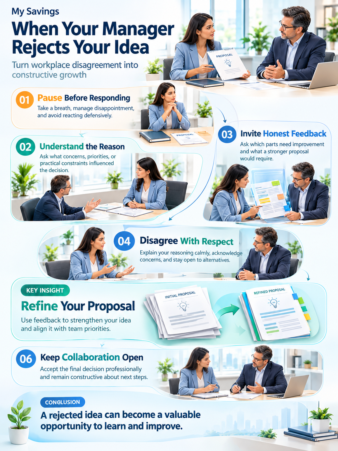 A 3D editorial infographic from My Savings explaining how to respond when your manager rejects your idea. It illustrates six professional communication strategies: pause before responding, understand the reason, invite honest feedback, disagree respectfully, refine your proposal, and keep collaboration open. Realistic workplace scenes show an employee and manager discussing ideas, reviewing feedback, and improving a proposal while maintaining a constructive professional relationship.